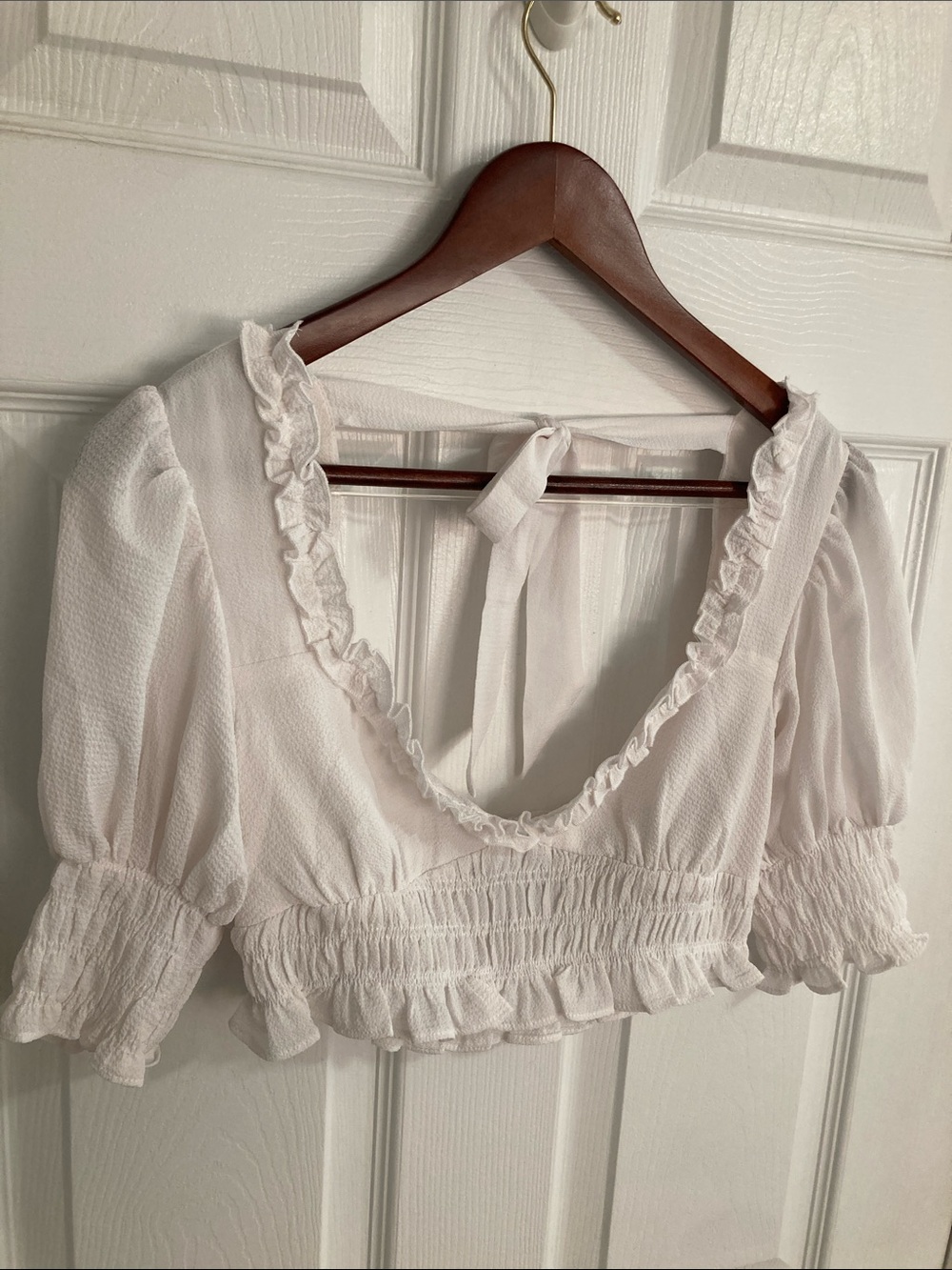 Princess Polly White Ruffle-Trim Tie-Back Crop Top